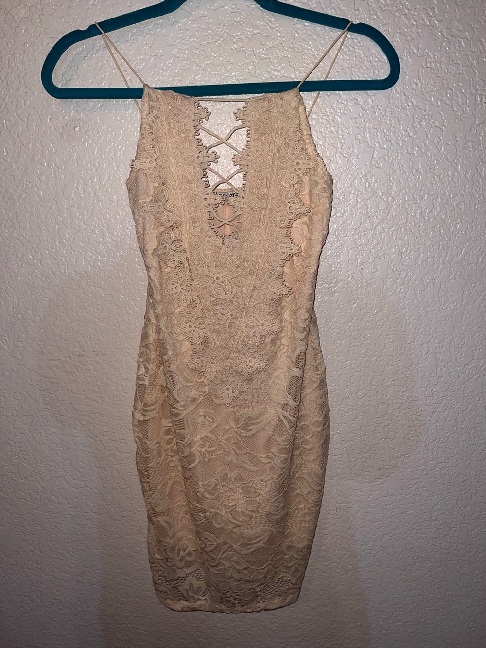 NWOT Fashion Nova Beige Lace Plunge Mini Dress